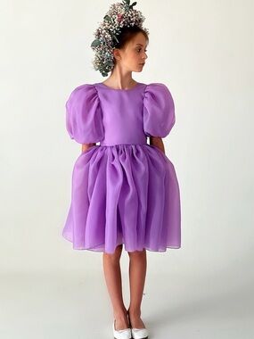 Lilac Puff-Sleeve Tulle Party Dress